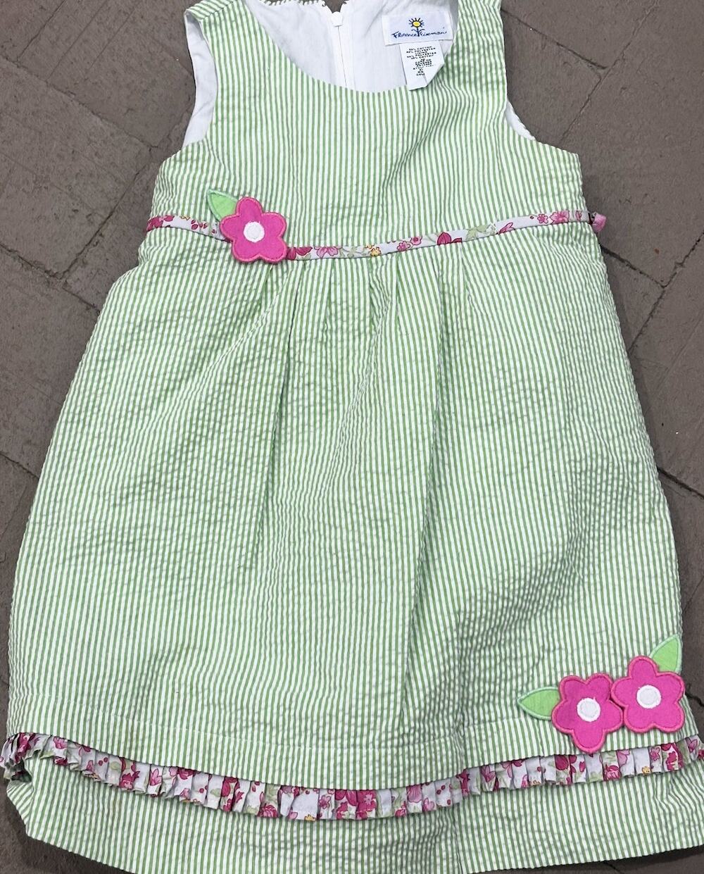 Florence Eiseman Green Striped Seersucker Dress Floral